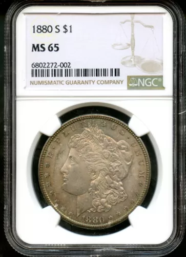 1880 S $1 Morgan Silver Dollar, NGC MS 65, Orange Full Toning