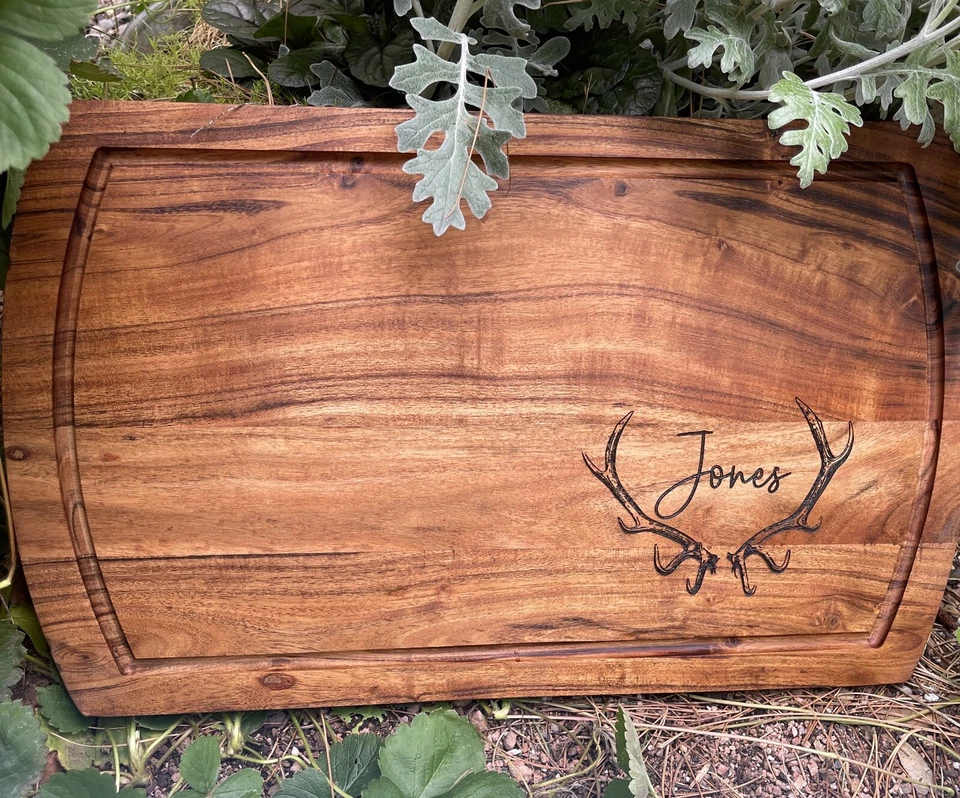 Large Acacia Meat Board 20" x 12" x 1" Elk Antler Personalized - Image 2 of 4