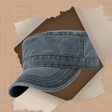Men Ladies Washed Denim Cadet Hat Army Trucker Flat Top Cap Adjustable Outdoor