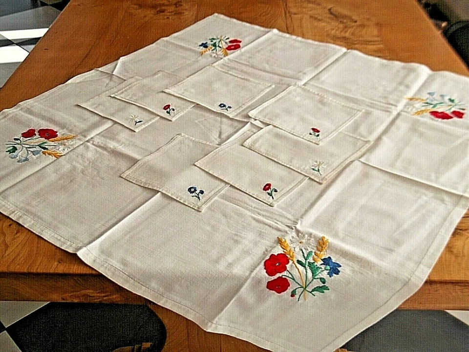 Lot Nappe a thé + 7 Serviettes coton blanc brodées " Fleurs de France "  - Photo 2/4