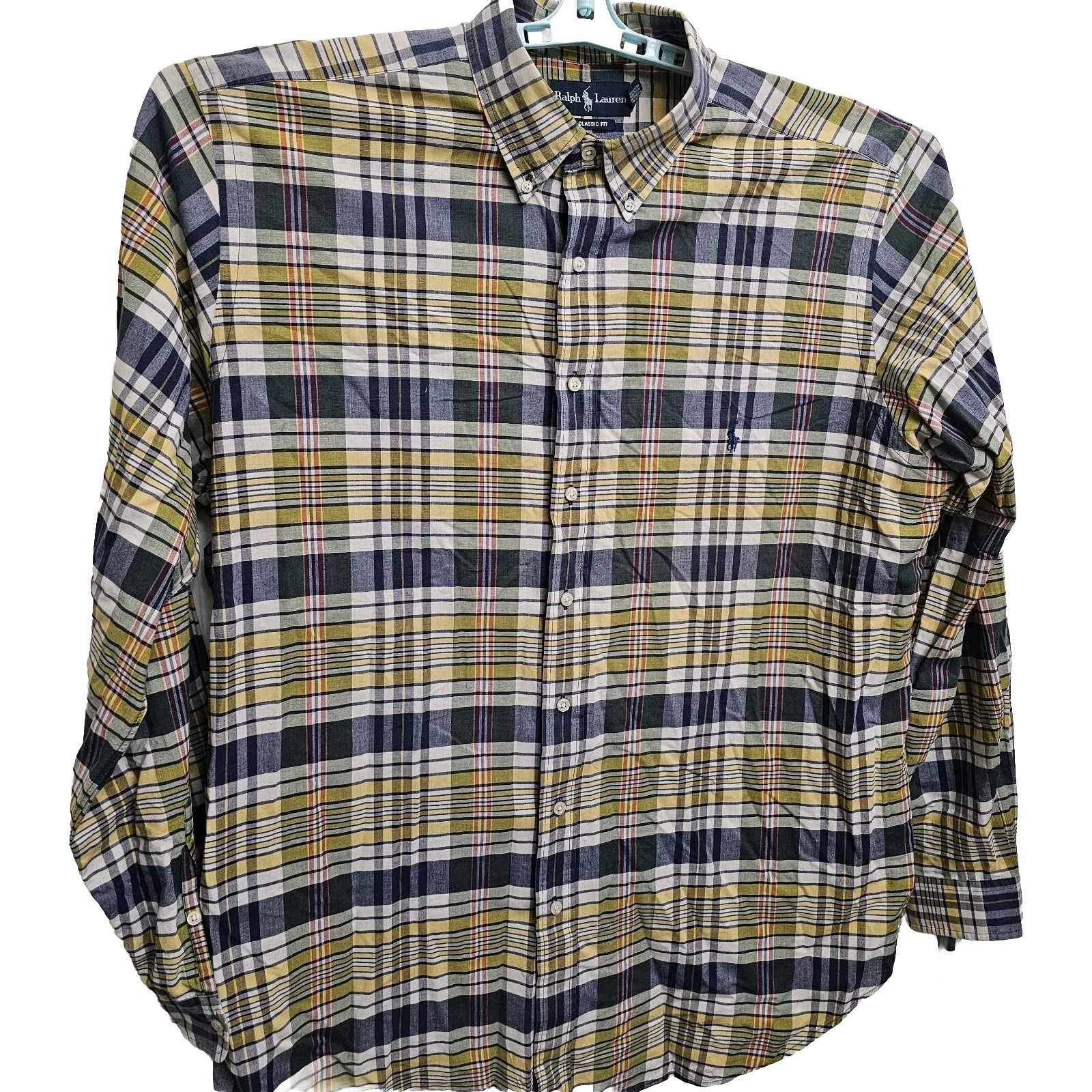 Ralph Lauren camicia uomo XLT blu giallo a quadri vestibilità classica manica lunga pony alta