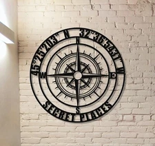 Custom GPS Coordinates Sign with LED, Nautical Compass Wall Art, Room Decor