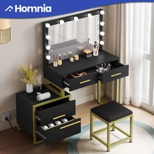 Vanity Desk 4 Drawers Makeup Dressing Table Stool Mirror LED Light for Bedroom
