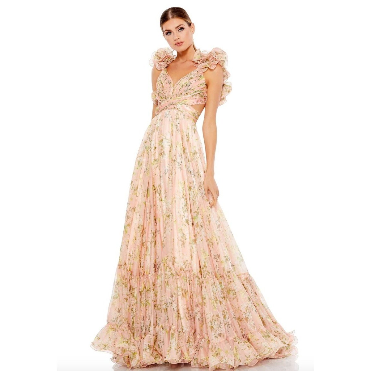 Anthropologie Mac Duggal Indy Ruffle Tiered Floral Chiffon Gown Size 2 Maxi Dres
