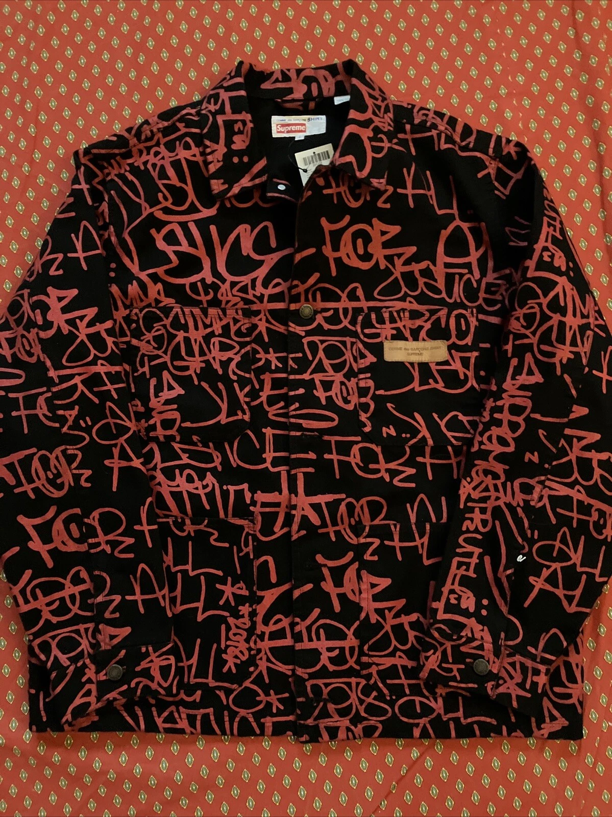 Veste de corvée toile imprimée Supreme Comme des Garcons FW18 noir rouge (L) neuve avec étiquette