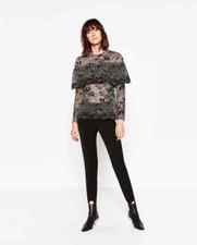 ZARA Woman Black Lace Blouse Frill Long Sleeve Top S Elegant Scallop Hem Sheer