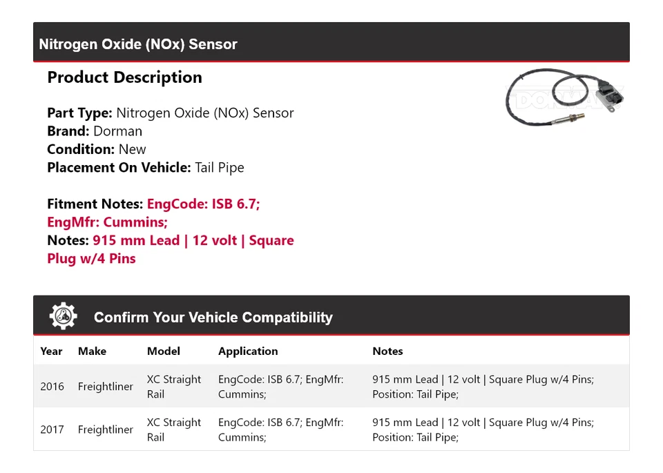 Sensor de óxido de nitrógeno (NOx) Dorman de riel recto Freightliner XC 2016-2017 Foto 2 de 4