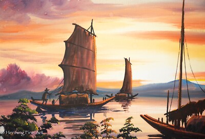 ミャンマー　有名画家　Soe Aung 漁船と夕日 絵画 s-l400.jpg