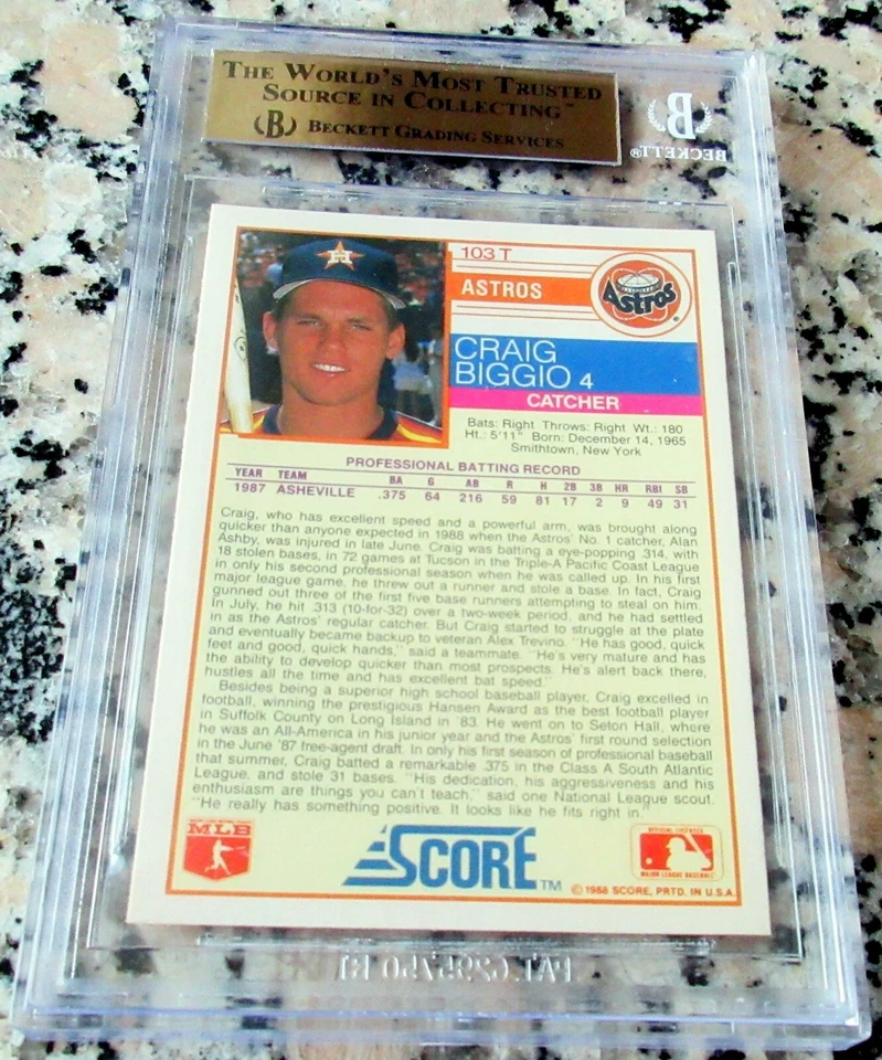 CRAIG BIGGIO 1988 Score #1 Draft Pick Rookie Card RC BGS 9.5 GEM MINT HOF Astros - Image 2 of 2