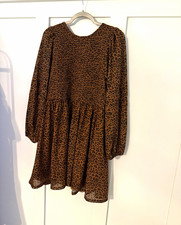 American Eagle Women's Leopard Smocked Mini Dress Brown/Black Long Sleeve L