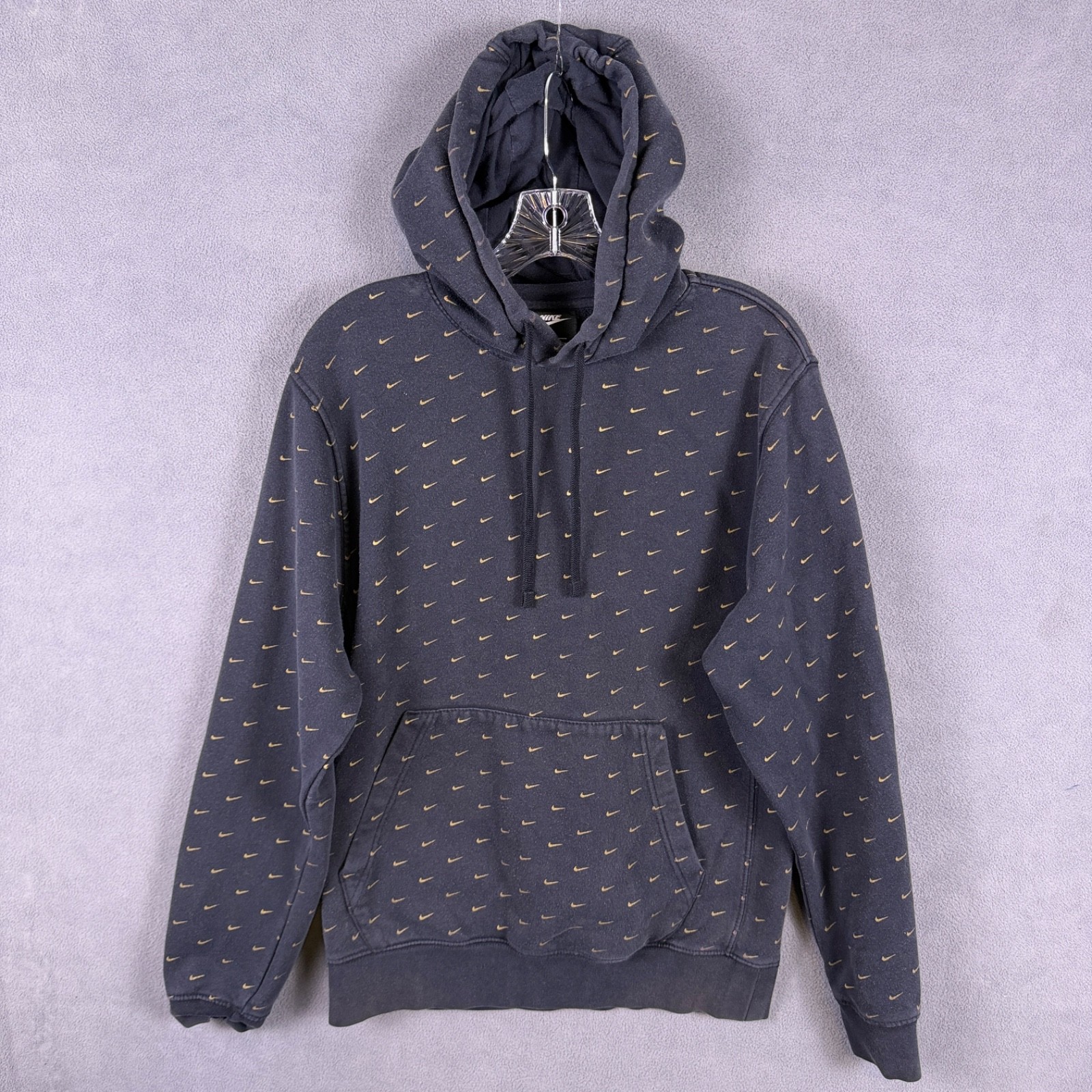 Nike Mens S All Over Print Embroidered Swoosh Hoodie Black Gold Swoosh