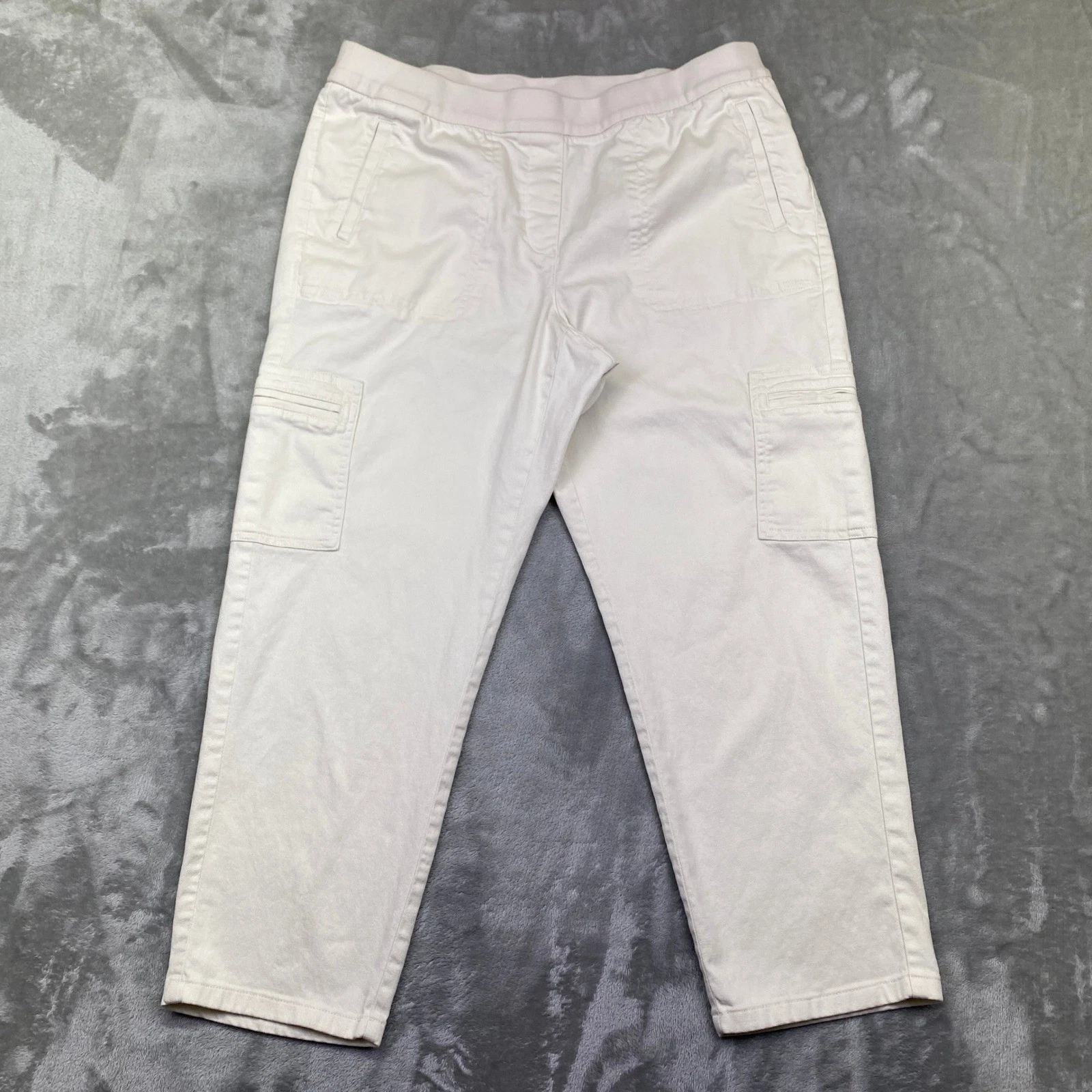 J Jill Beige Cargo Pants Cropped Capri Elastic Waist Women Sz M/P Fit 32" Preppy