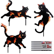 Pack Metal Black Cat Statues with Flame Design -Black Cat Decor Yard Signs 3