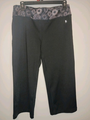 Danskin Now Black Cropped Athletic Leggings Wide Grey Floral Waistband Size Med