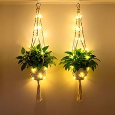 2 Pack Macrame Plant Hanger with Lights and 2Pcs Hooks, Indoor Boho Plant