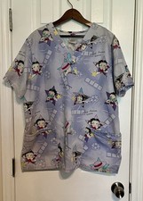Women  s Betty Boop Blue Silver Screen Queen Scrub Top Adult Size Large