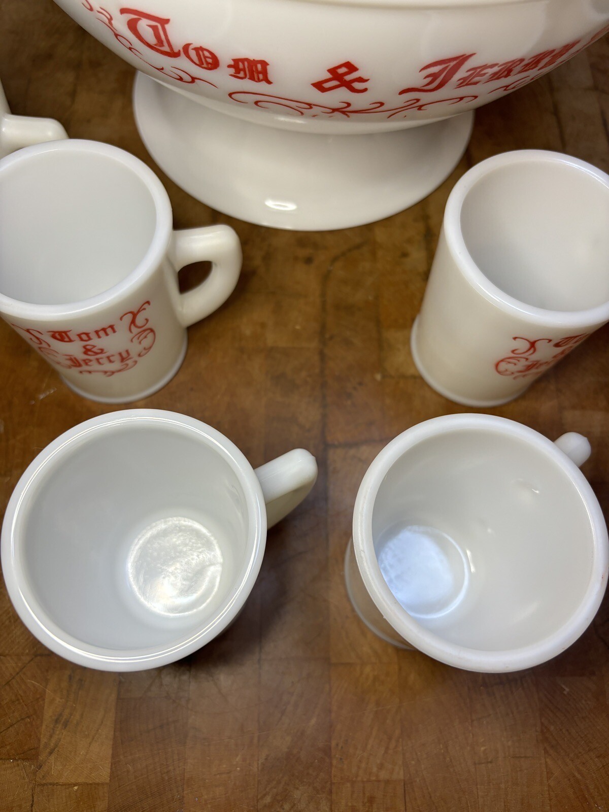 Vintage Holiday MCKEE Tom & Jerry Milk Glass Egg Nog Punch Bowl Set