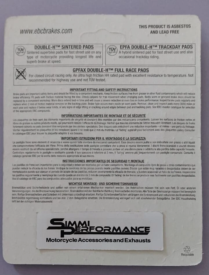 EBC HH Front Brake Pads Yamaha MT07 2014 2015 2016 2017 2018 2019 2020 2021 2022 - Image 4 of 4