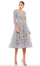 Mac Duggal Long Sleeve 3D Floral Midi Dress Size 4 in Sterling Gray