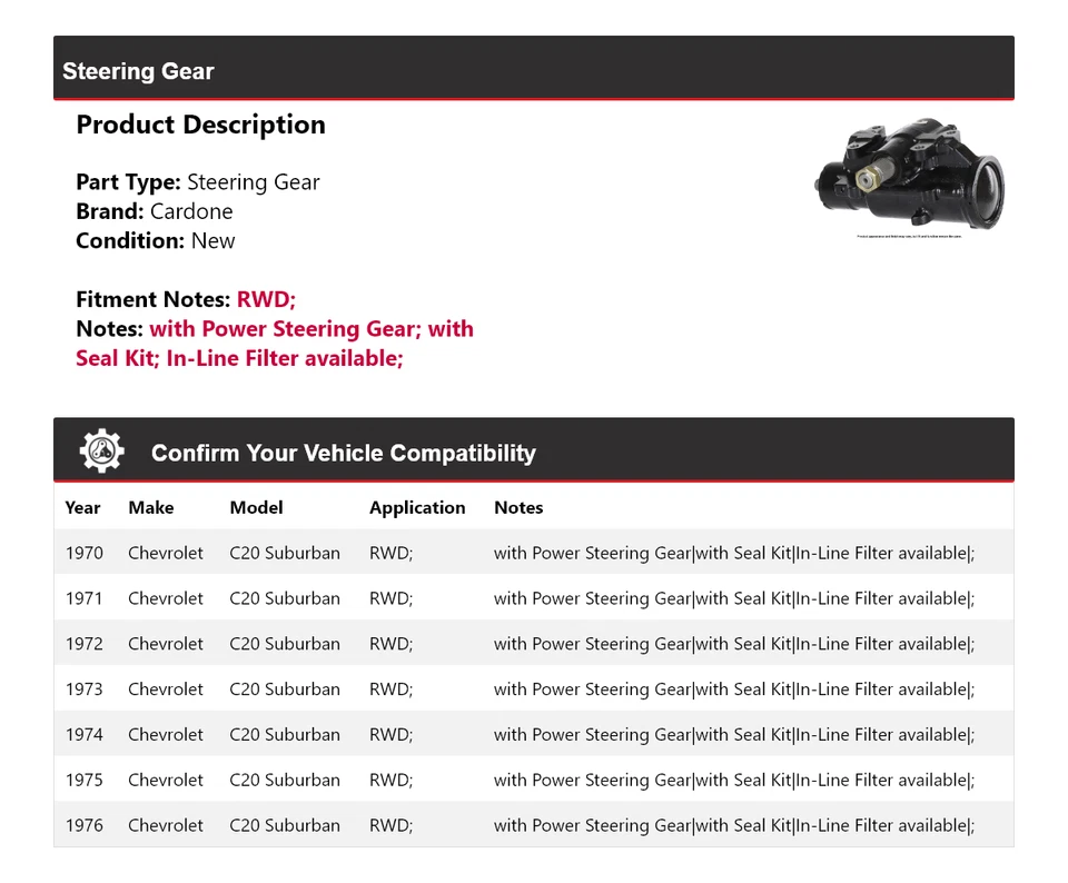 For 1970-1976 Chevrolet C20 Suburban RWD Steering Gear Cardone 1971 1972 1973 - Image 2 of 4