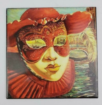 Decorative Ceramic Tile - Funky Masquerade Mask with Hat - Mardi Gras Style 