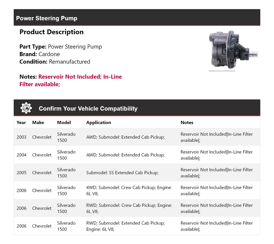 For 2003-2006 Chevrolet Silverado 1500 Power Steering Pump Cardone 2004 2005 - Image 2 of 4