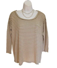 SPLENDID Scoop Neck Striped Top Sz S Small POCKET Rayon Blend Beige White Casual