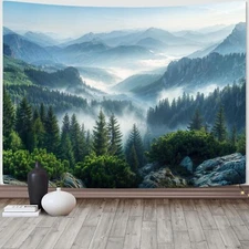Nature Forest Mountain Tapestry Green Misty Pine Tree Tapestry for Bedroom Ae...