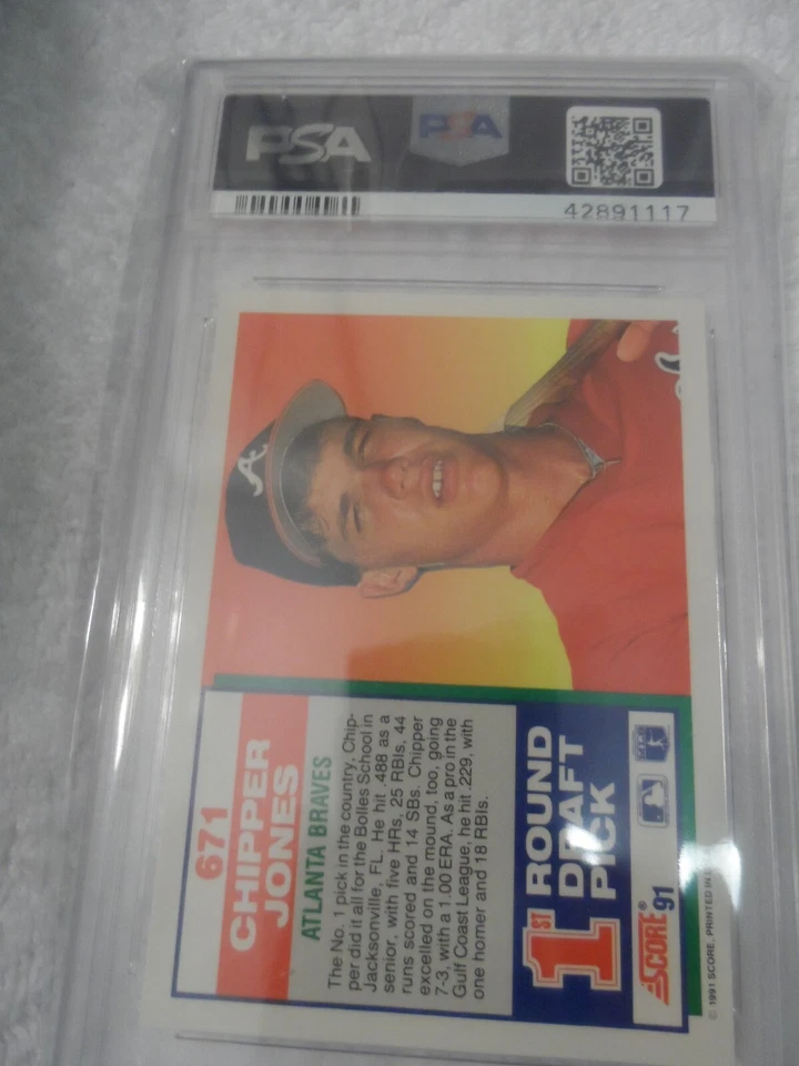 1991 Score Chipper Jones Braves #671 RC PSA 10 PSA DNA 10 HOF Auto GEM MT - Image 2 of 2