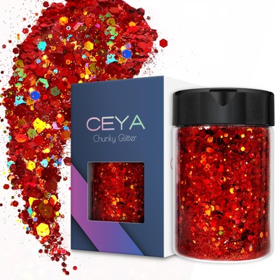 Holographic Chunky Glitter 4.9oz/ 140g Red Craft Glitter Powder Mixed Chunky ...