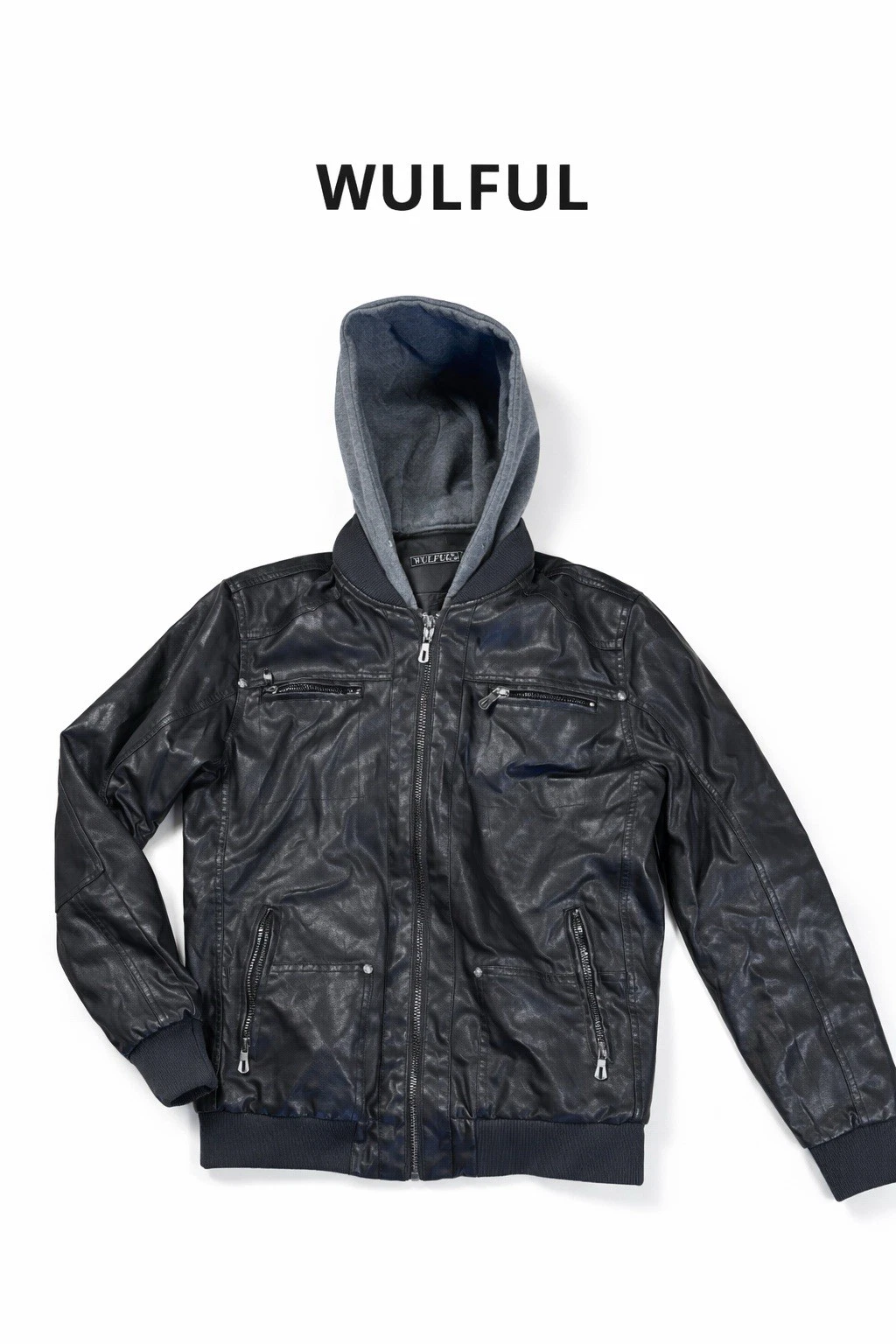 WULFUL Men's Casual Faux Leather Jacket with Removable Hood Pu Winter Outwear