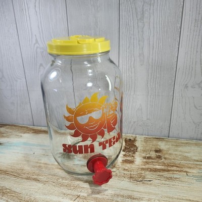 Vintage Sun Tea Glass Jug Dispenser Smiling Sun Groovy 70s Anchor Hocking