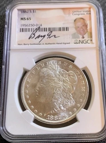1882-S MS-65 NGC Cert & Rare Hand signed Berry Goldwater Jr Morgan silver Dollar