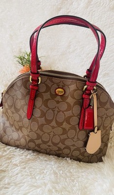 New Coach Peyton Cora Domed Satchel sign canvas Khaki/Electric Burgundy Red