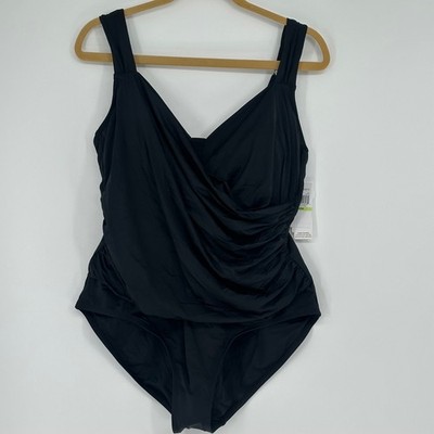 NEW Jantzen Ruched Faux Wrap One Piece Swimsuit Black Tummy Control Size 18W