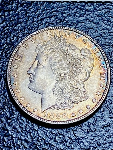 741D 💎 1886 Morgan Silver Dollar $1 BU + RAINBOW RIM Toning High 6 In Date