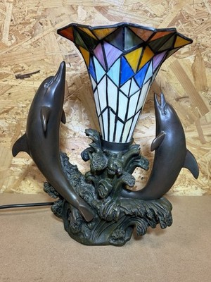 Vintage Tiffany-Stil Buntglas Delphin Tischlampe mit Bronze-Finish Fuß