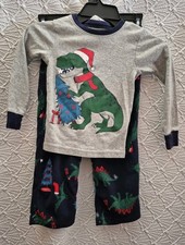 Carter's 5T Boys Pajama Set Dinosaurs And Christmas Trees EUC