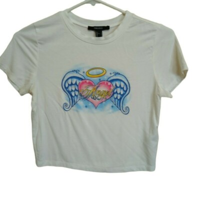 Forever 21 Girls White Angels Shirt Size S Short Sleeve