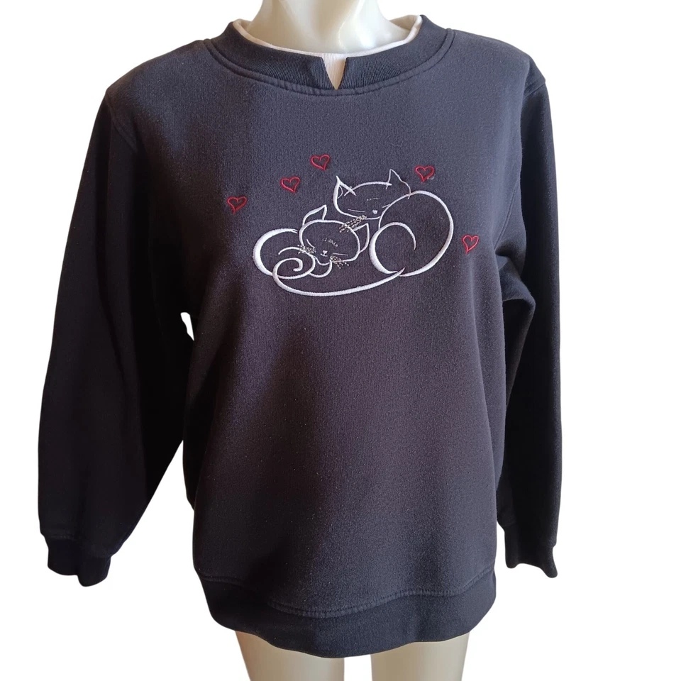 Sudadera para mujer mediana vintage Shenanigans bordada gatito gatos corazones años 90 Foto 3 de 4