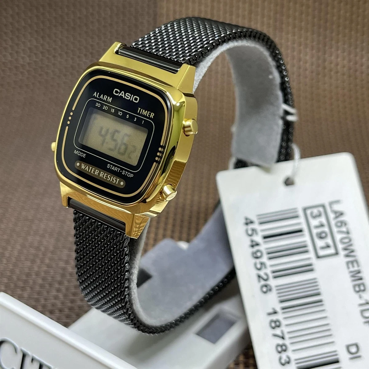 Casio LA670WEMB-1D Vintage Serie Edelstahl Schwarz Netz Gold  
