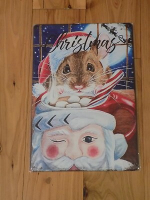Metal Tin Decorative Art Sign Wall Decor Christmas Mouse Hot Cocoa Santa Mug