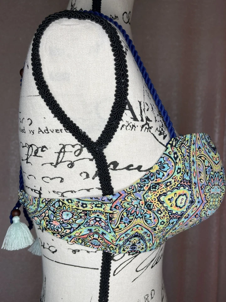 Victoria Secret The Getaway Halter Bikini Top 36C Tassel Blue Yellow Floral Sexy - Image 2 of 4