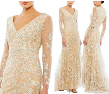 Mac Duggal FLORAL EMBROIDERED V NECK LONG SLEEVE TRUMPET GOWN 70239 16 NEW