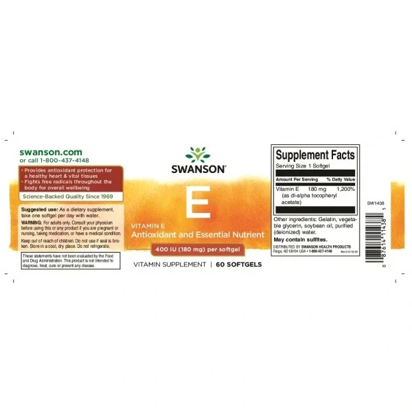 Swanson Vitamina E 180 mg (400 UI) 60 cápsulas blandas Foto 4 de 4