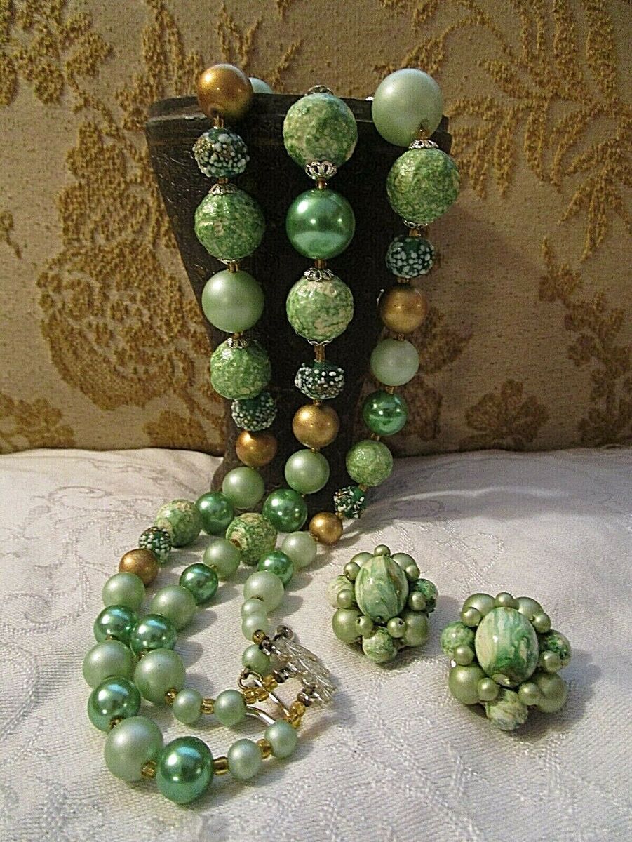 VINTAGE Sugar Satin Neon Textured Bead NECKLACE + ER's VINTAGE Sugar Satin Neon Textured Bead NECKLACE + ER's