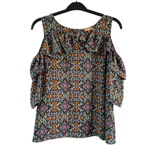 Takara Women Top Multi Cold Shoulder Layered Flowy Sleeve Keyhole‎ Back  Size L