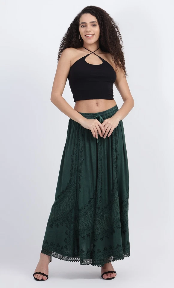 Boho Maxi Skirt Embroidered Flare Viscose Net UK Size 8 10 12 14 16 18 20 22 24  - Image 4 of 4