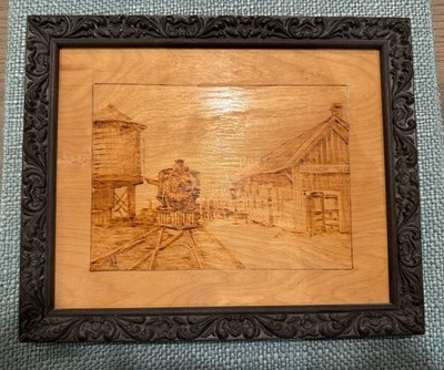 Vintage Wood Burning Pyrograph Art, Signed Train And Station Ornate Frame 9x11.5