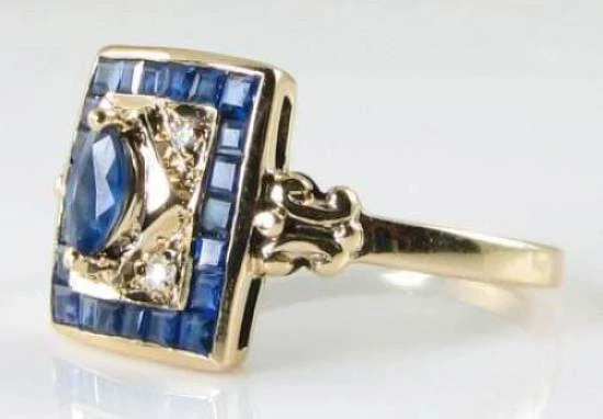9K 9CT GOLD BLUE SAPPHIRE DIAMOND CLUSTER ART DECO INS RING FREE RESIZE - Image 3 of 4